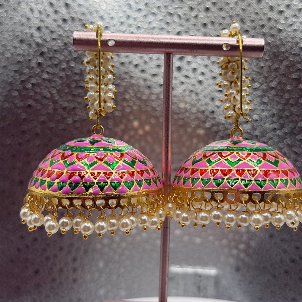 Pink and Green Jhumka Earrings with Pearl Detailing - Picture 4 of 5
